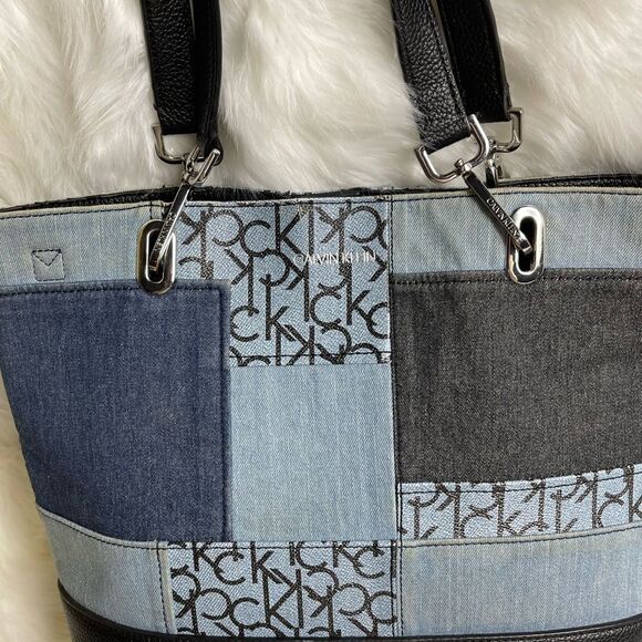 Calvin Klein gray and Bleu denim logo with black synthetic trim large tote - Picture 4 of 15